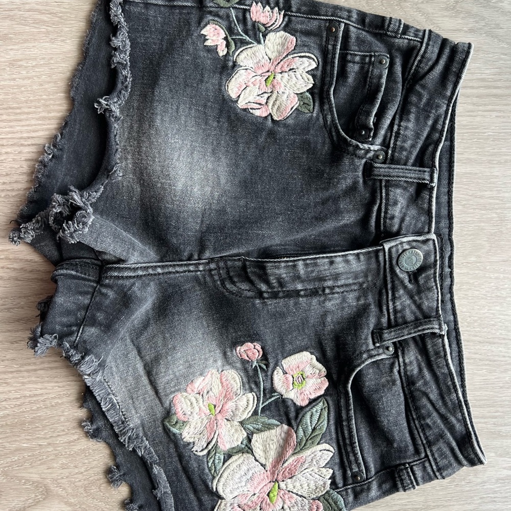 Aeropostale Black Denim Shorts with Pink Floral Embroidery